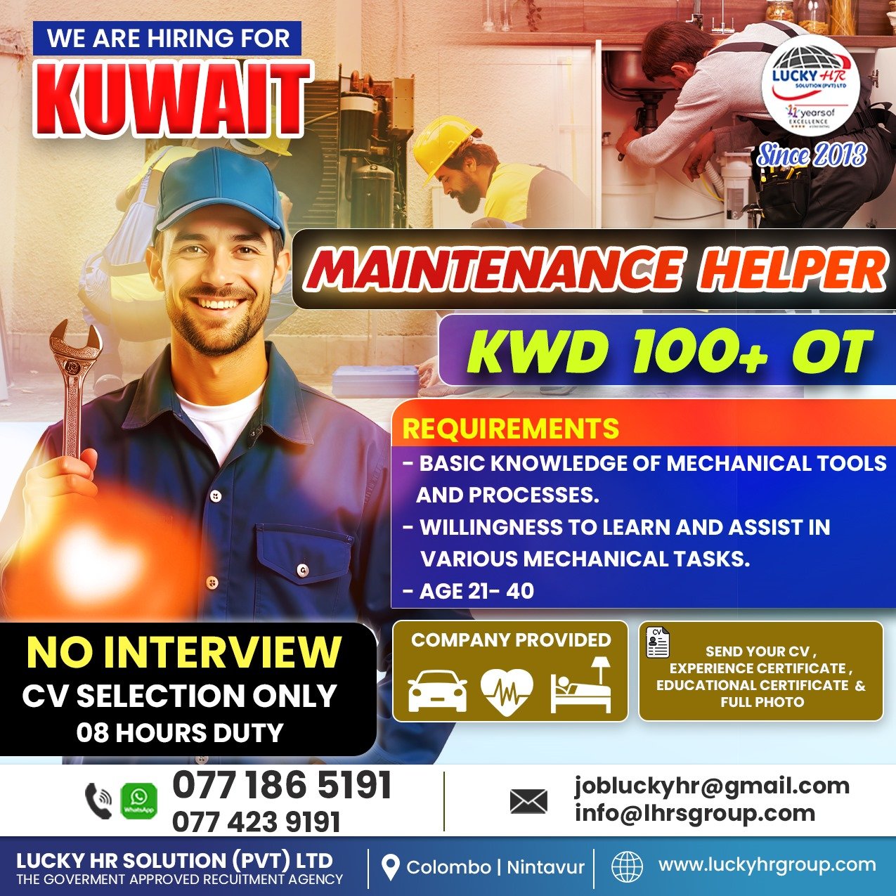 Vacancy in Kuwait ( Maintenance Helper ) – Lucky HR Solution Pvt Ltd